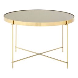 Orsina Polished Large Silver Mirror Side Table, Round Table With Mirror Glass Top, Chrome Lattice Base Lounge Sofa in Gold - thumbnail 2