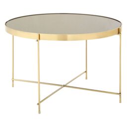 Orsina Polished Large Silver Mirror Side Table, Round Table With Mirror Glass Top, Chrome Lattice Base Lounge Sofa in Gold