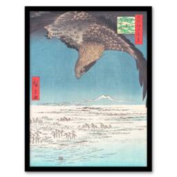 Artery8 Hiroshige Framed Wall Art Hawk Over Jumantsubo Plain At Fukagawa in Blue - Size: A4 - thumbnail 1