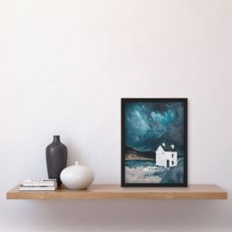 "Artery8 Scottish Coastal Cottage Night Oil Painting Hills Framed Art Print in Blue - Size: W12"" x H16""" - thumbnail 4