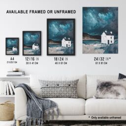 "Artery8 Scottish Coastal Cottage Night Oil Painting Hills Framed Art Print in Blue - Size: W12"" x H16""" - thumbnail 3