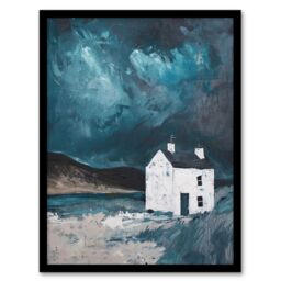 "Artery8 Scottish Coastal Cottage Night Oil Painting Hills Framed Art Print in Blue - Size: W12"" x H16""" - thumbnail 1