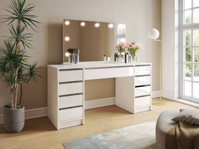 Vente-unique Double Dressing Table With LED Mirror - 9 Drawers - Gloss White - image 1