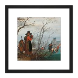 Artery8 Van De Venne Winter Amusement On Ice Painting 8X8 Inch Square Wooden Framed Wall Art Print Picture with Mount in Black - thumbnail 1