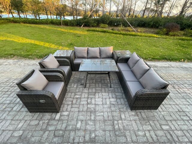 Fimous 8 Seater Rattan Outdoor Garden Furniture Sofa Set Patio Table & Chairs Set with 3 Seater Sofa Rectangular Dining Table 2 Side Tables - image 1