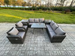 Fimous 8 Seater Rattan Outdoor Garden Furniture Sofa Set Patio Table & Chairs Set with 3 Seater Sofa Rectangular Dining Table 2 Side Tables - thumbnail 1