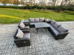 Fimous 8 Seater Rattan Outdoor Garden Furniture Sofa Set Patio Table & Chairs Set with 3 Seater Sofa Rectangular Dining Table 2 Side Tables - thumbnail 2