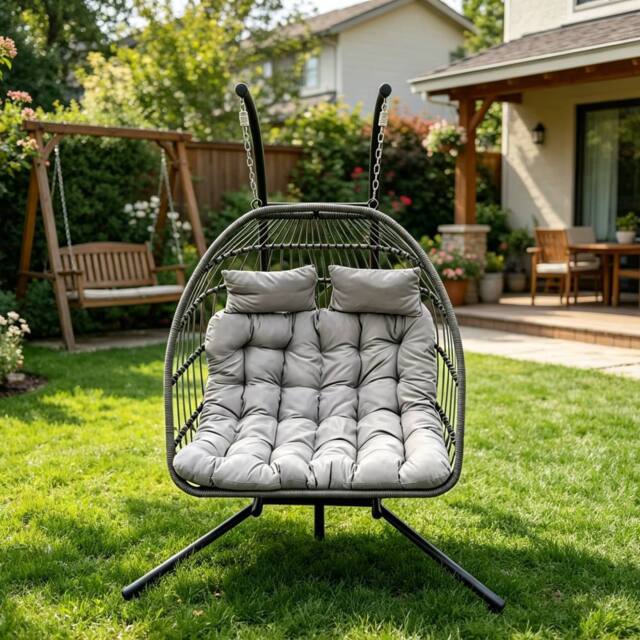 Fimous Rattan Garden Double Hanging Egg Chair Outdoor Furniture Grey in Dark Grey - image 1