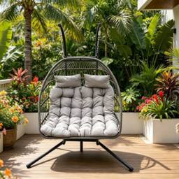 Fimous Rattan Garden Double Hanging Egg Chair Outdoor Furniture Grey in Dark Grey - thumbnail 4