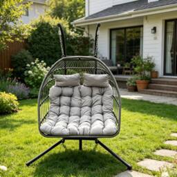 Fimous Rattan Garden Double Hanging Egg Chair Outdoor Furniture Grey in Dark Grey - thumbnail 5