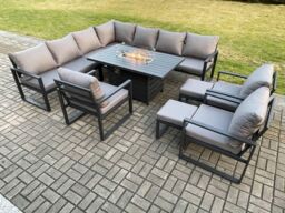 Fimous Aluminium 12 Seater Garden Furniture Outdoor Set Patio Lounge Sofa Gas Fire Pit Dining Table Set with 3 Chairs Dark Grey