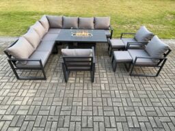 Fimous Aluminium 12 Seater Garden Furniture Outdoor Set Patio Lounge Sofa Gas Fire Pit Dining Table Set with 3 Chairs Dark Grey - thumbnail 2