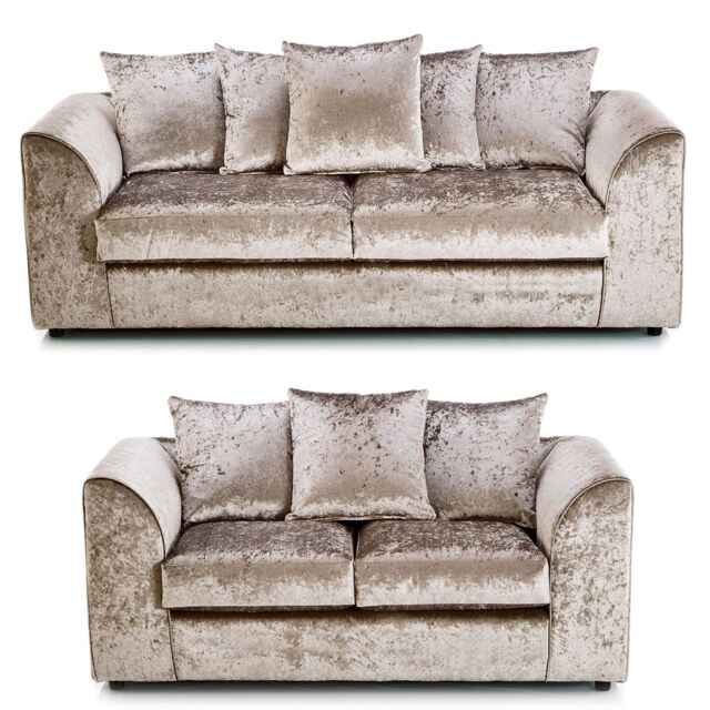 Furnishings For Less UK Crystal Crushed Velvet Sofa Set 3 & 2 Seater Sofa Scatter Back Curved Arm in Beige - image 1