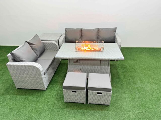 Fimous 7 Seater PE Rattan Wicker Garden Furniture Patio Conservatory Sofa Set with Firepit Dining Table 3 Seater Sofa Love Sofa 2 Stools Side Table - image 1