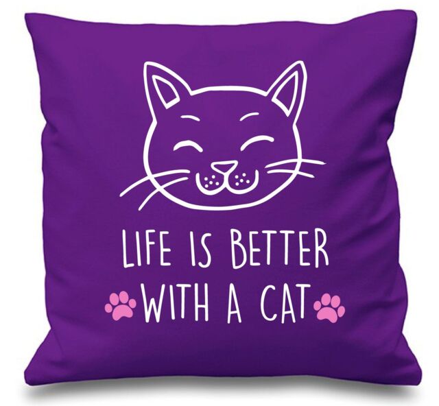 "60 SECOND MAKEOVER Purple Cushion Cover Life Is Better With A Cat 16"" x 16"" Mum Friend Gift Decorative - Size: 40 cm x 40 cm"