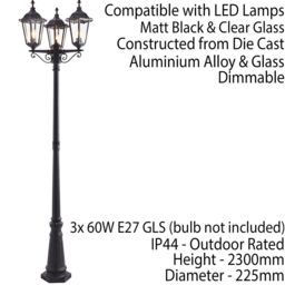 Loops Outdoor Lantern Lamp Post Matt Black & Glass 2.3m Tall 3 Light Garden Bollard - thumbnail 2
