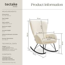 tectake Rocking Chair Swing - Armchair Steel Runners, Thick Padding in Cream - thumbnail 6