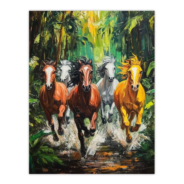 "Artery8 Wild Horses Galloping Through Forest Oil Painting Wall Art Print in Green - Size: W24"" x H32""" - image 1