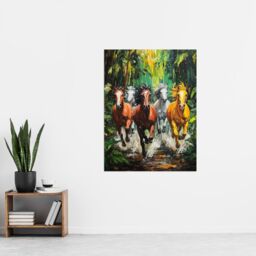 "Artery8 Wild Horses Galloping Through Forest Oil Painting Wall Art Print in Green - Size: W24"" x H32""" - thumbnail 4