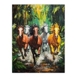 "Artery8 Wild Horses Galloping Through Forest Oil Painting Wall Art Print in Green - Size: W24"" x H32""" - thumbnail 1