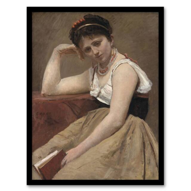 Artery8 Camille Corot Interrupted Reading Woman Portrait Framed Wall Art Print in Brown - Size: A4 - image 1
