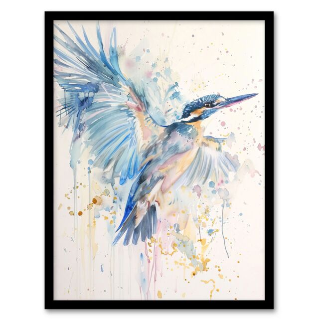 "Artery8 Kingfisher Bird in Flight Watercolour Painting Framed Art Print in Blue - Size: W12"" x H16""" - image 1