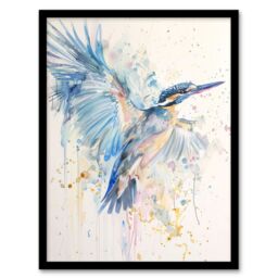 "Artery8 Kingfisher Bird in Flight Watercolour Painting Framed Art Print in Blue - Size: W12"" x H16""" - thumbnail 1