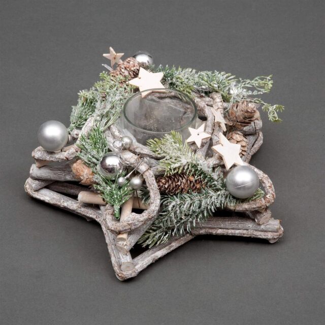Shatchi Star Shape Wooden Candle Holder Tabletop Centrepiece Christmas Decorated with Frosty Red/Silver Baubles, Berries & Cones in Silver - image 1