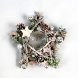 Shatchi Star Shape Wooden Candle Holder Tabletop Centrepiece Christmas Decorated with Frosty Red/Silver Baubles, Berries & Cones in Silver - thumbnail 2