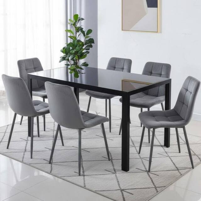 KOSY KOALA Modern Black Glass Dining Table Set with 6 Grey velvet Chairs - Size: 120 cm x 70 cm - image 1