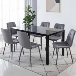 KOSY KOALA Modern Black Glass Dining Table Set with 6 Grey velvet Chairs - Size: 120 cm x 70 cm - thumbnail 1
