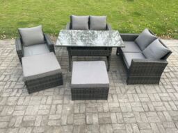 Fimous High Back Outdoor Garden Furniture Rattan Sofa Dining Table Set with Armchair 2 Big Footstool Dark Grey Mixed - thumbnail 1