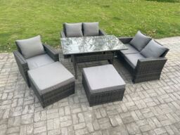 Fimous High Back Outdoor Garden Furniture Rattan Sofa Dining Table Set with Armchair 2 Big Footstool Dark Grey Mixed - thumbnail 2