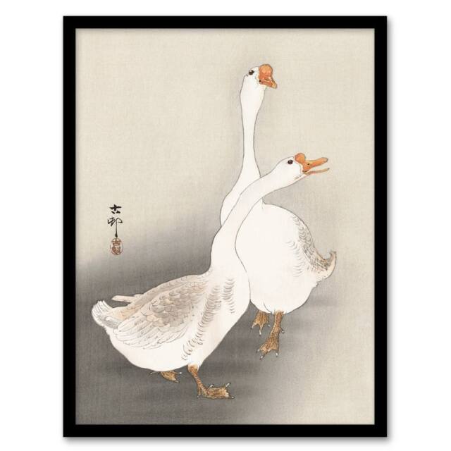 Artery8 Ohara Koson Framed Wall Art Print Two Geese Vintage Bird Ukiyoe in Beige - Size: A4 - image 1