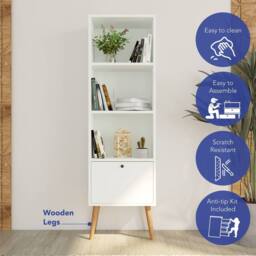 BIMOSSA Janus Wooden Bookcase w/ Cabinet Small Bookshelf w/ 3 Shelves & Storage, Narrow Bookcase for Book Storage, Kids Bookshelf for Modern Living - thumbnail 3