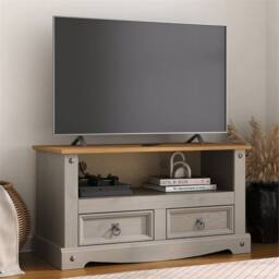 Nordara TV Stand Flat Screen Grey 2 Drawer Unit Cabinet Solid Wax Pine - thumbnail 6