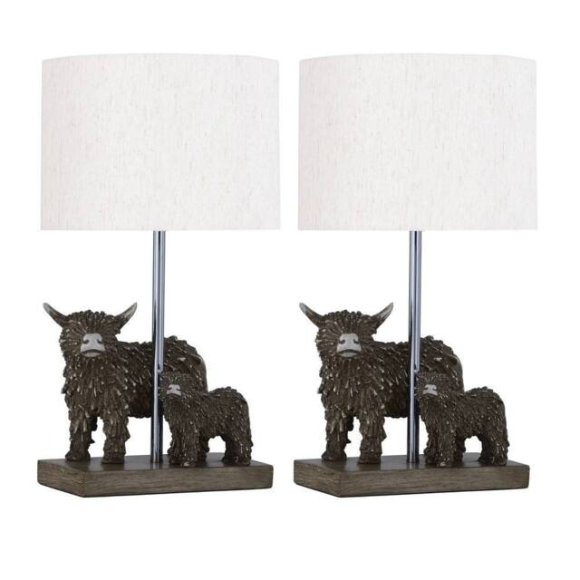 First Choice Lighting Set of 2 Angus & Hamish - Highland Cows Table Lamps With Linen Shade in Brown - image 1
