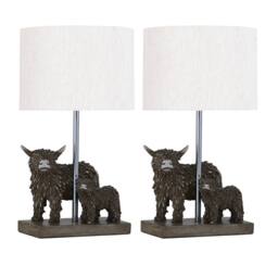 First Choice Lighting Set of 2 Angus & Hamish - Highland Cows Table Lamps With Linen Shade in Brown