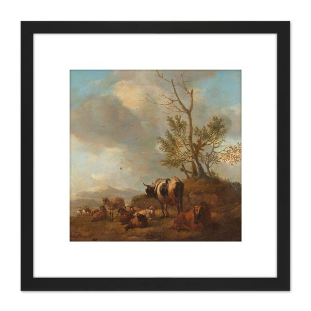 Artery8 Romeyn Landscape With Animals 8X8 Inch Square Wooden Framed Wall Art Print Picture with Mount in Black