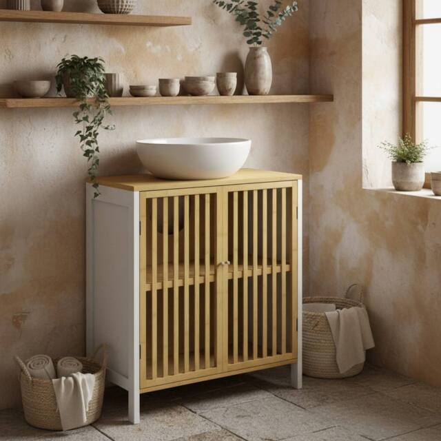 Wyld Haus Neyora Bamboo Under Sink Bathroom Cabinet with Cut Out Front in White - image 1