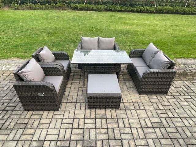 Fimous Rattan Outdoor Furniture Garden Dining Set Rectangular Table & Chair Sofa Set With Big Footstool Dark Grey Mixed - image 1