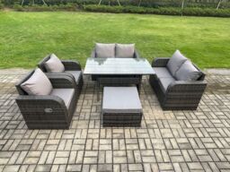 Fimous Rattan Outdoor Furniture Garden Dining Set Rectangular Table & Chair Sofa Set With Big Footstool Dark Grey Mixed - thumbnail 1