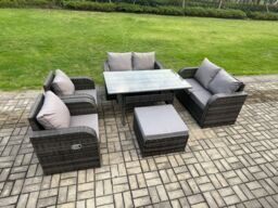 Fimous Rattan Outdoor Furniture Garden Dining Set Rectangular Table & Chair Sofa Set With Big Footstool Dark Grey Mixed - thumbnail 2