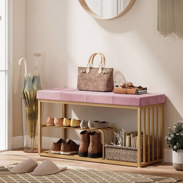 HOMCOM Shoe Storage Bench with Seat Cushion Tufted Shoe Rack Bench in Pink - image 1