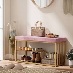 HOMCOM Shoe Storage Bench with Seat Cushion Tufted Shoe Rack Bench in Pink - thumbnail 1