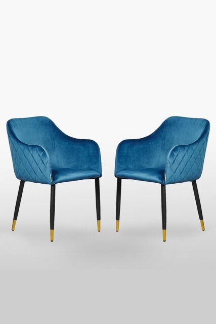 Life Interiors Set of 2 Verona Velvet Dining Chairs with Quilted Back & Black Legs - Modern Accent Chair with Gold Foot Caps in Blue - image 1