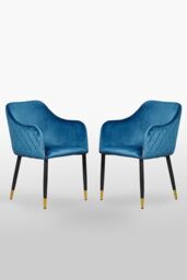 Life Interiors Set of 2 Verona Velvet Dining Chairs with Quilted Back & Black Legs - Modern Accent Chair with Gold Foot Caps in Blue