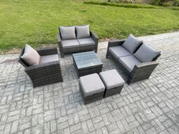 Fimous 7 Seater Outdoor Rattan Garden Furniture Set Conservatory Patio Sofa Coffee Table Set with Chair 2 Small Footstools Dark Grey Mixed - thumbnail 2