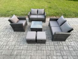 Fimous 7 Seater Outdoor Rattan Garden Furniture Set Conservatory Patio Sofa Coffee Table Set with Chair 2 Small Footstools Dark Grey Mixed - thumbnail 1
