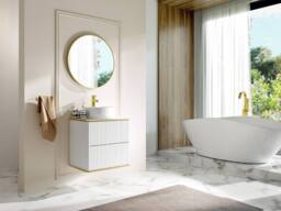 Vente-unique Suspended Striped Bathroom Vanity Unit With Gold Trim & Round in White - thumbnail 3